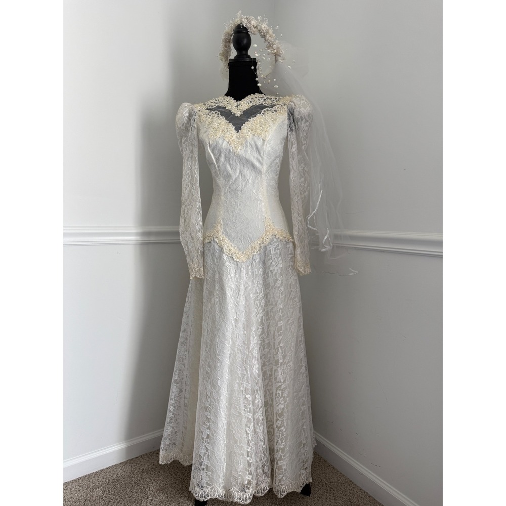 Vtg 90s Petite Lace‎ Wedding Dress & Veil Set size XS/S Pearl Basque Waist AS IS